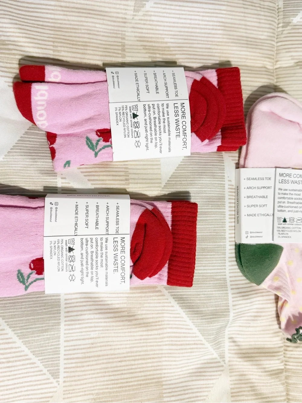 Bundle of 2 Double Soul Pink Cherry Pattern High Socks and 1 quarter sock